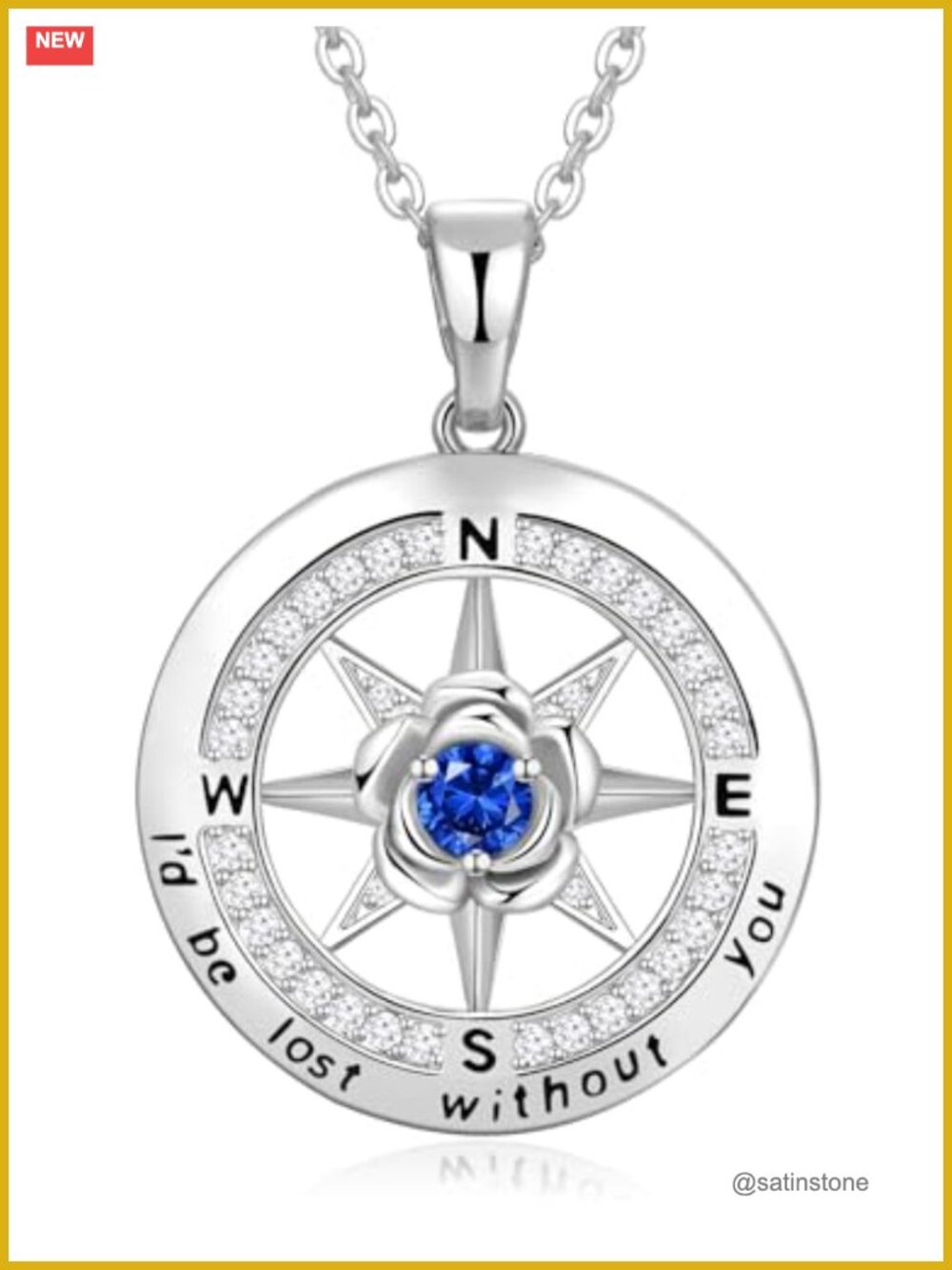 Sterling Silver Compass Pendant Necklace 18K White Gold Plated CZ Birthstone